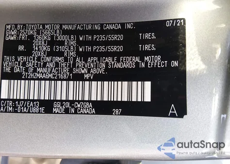 2021 Lexus Rx 350 z USA, uszkodzony, nr VIN 2T2HZMAA6MC216871